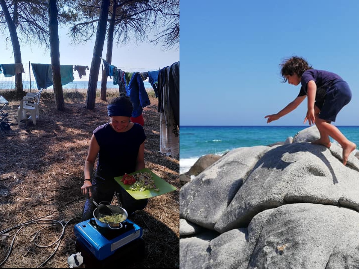 Jacqueline auf dem Campingplatz in Sardinien am Kochen, während ihr Sohn die Meeresküste erforscht